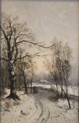 Auktion 361<br>L.Mercier o.ä., 19. Jhd., Personen in Winterlandschaft, wohl Öl/Holz, gerahmt, RG 43 x 32cm [1]
