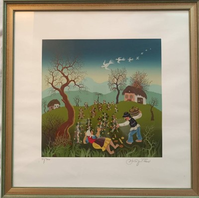 Auktion 361<br>unleserl. sign. Lithografie, naive Weinlese, Nr. 45/300, ger/Glas, RG 60x60 cm [1]