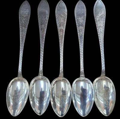 Auktion 361<br>5x Silberlöffel, Kopenhagen um 1900, Ziermonogramm, L-18 cm, 145,2 gr. [1]