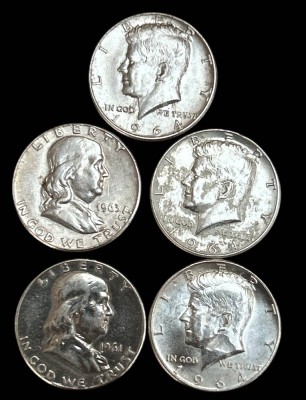 Auktion 361<br>5x Half Dollar Münzen, 2x Franklin 1961 und 1963, 3x Kennedy 1964, zus. 62 gr [1]