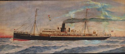 Auktion 361<br>Kapitänsbild von G.Römer, Pernambuco Hamburg -Süd vor Cuxhaven 1. Steuermann A.Wiebusch, wohl Öl/Leinwand doubliert, gerahmt, RG 44,5 x 88cm [1]