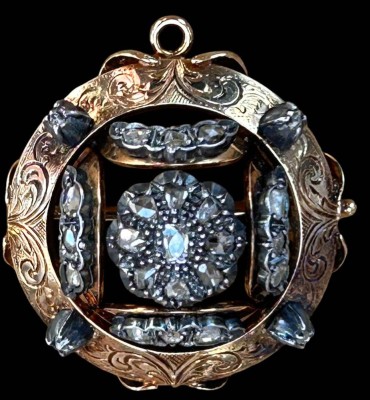 Auktion 361<br>Brosche bzw. Anhänger, Gold-585 , klare Steine (helle Saphire?), D-3,5 cm, 13,4 gr [1]
