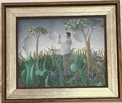 Auktion 361<br>Horst Sauer (1944) naives kleines Gemälde, gerahmt, RG16x18 cm, verso ERtikwtt mit Künstlerdaten [1]