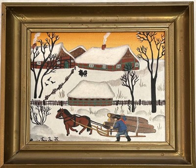 Auktion 361<br>Lucie Fraba?, (19)74, naive Winterlandschaft, Öl/Karton, gerahmt, RG  20x23 cm [1]