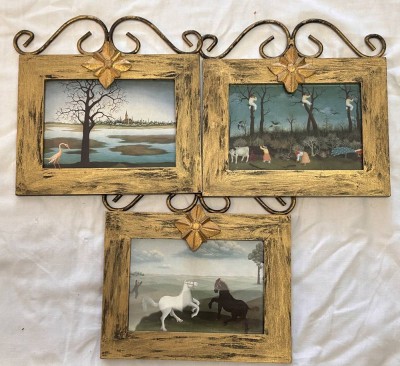Auktion 361<br>3x kl. Kunstdrucke, Naive Motive, gleich gerahmt, 14x18 cm [1]