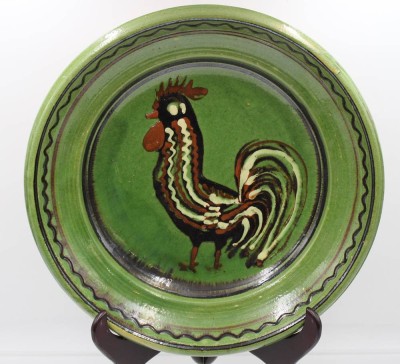 Auktion 361<br>gr. bäuerl. Schale, Hahnendekor, Elsass, H-7cm D-35cm [1]