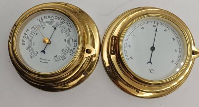 Auktion 361<br>1x Barometer, 1x Thermometzer, in maritimen Look, Messing, D-12,5 cm [1]