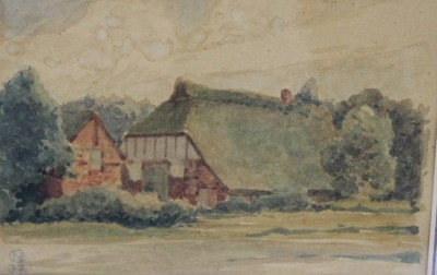 Auktion 361<br>monogrammiertes Gehöft, ger./Glas, datiert (19)37, RG 26,7 x 31,8cm [1]