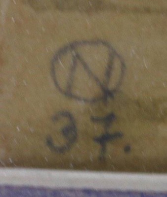 Auktion 361<br>monogrammiertes Gehöft, ger./Glas, datiert (19)37, RG 26,7 x 31,8cm [1]