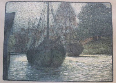 Auktion 361<br>Carl LANGHEIN (1872-1941) , Morgen im Hafen, Farblithographie, hinter Glas (leider gerissen), RG 47 x 56cm [1]
