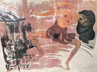 Auktion 361<br>Tänzerin: Offsetlithographie in Schwarz, Violett, Rot und Orange auf Papier. Rechts unten wohl im Druck mit *Emil Nolde* signiert, links unten im Druck mit *Probedruck* bezeichnet., alt ger/Glas, 65x83 cm (Sperrgut-Versand mit Rahmen)  Literatur: Werkverzeichnis Schiefler 1967, Nr. L 56 für die Originallithographie - hier leider aber wohl nur als Offsetdruck vorliegend laut Einschätzung durch Ketterer Kunst ) [1]