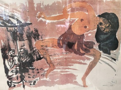 Auktion 361<br>Tänzerin: Offsetlithographie in Schwarz, Violett, Rot und Orange auf Papier. Rechts unten wohl im Druck mit *Emil Nolde* signiert, links unten im Druck mit *Probedruck* bezeichnet., alt ger/Glas, 65x83 cm (Sperrgut-Versand mit Rahmen)  Literatur: Werkverzeichnis Schiefler 1967, Nr. L 56 für die Originallithographie - hier leider aber wohl nur als Offsetdruck vorliegend laut Einschätzung durch Ketterer Kunst ) [1]