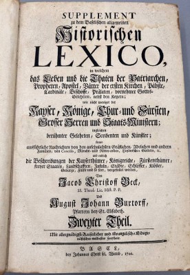 Auktion 361<br>Supplement Band des baselischen Lexico,  Basel 1744, Folio, gut erhalten, 37x23 cm [1]