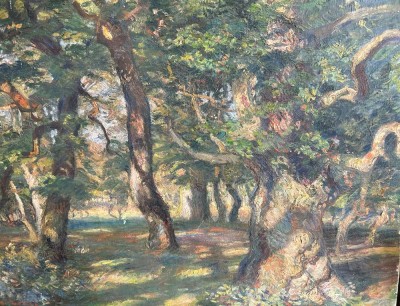 Auktion 361<br>unleserl. signierter lichter Laubwald, Öl/Leinen,  53x60 cm [1]