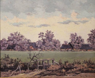 Auktion 361<br>Hans Hentschke , Blick auf Bauernkaten über Bachlauf und Feld . [1]