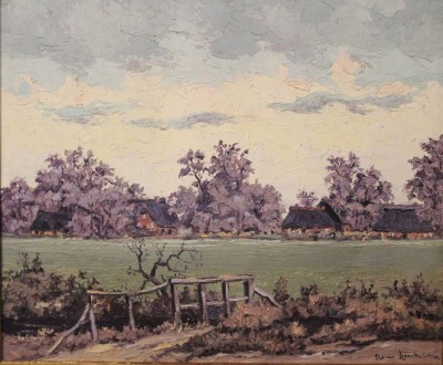 Auktion 361<br>Hans Hentschke , Blick auf Bauernkaten über Bachlauf und Feld . [1]