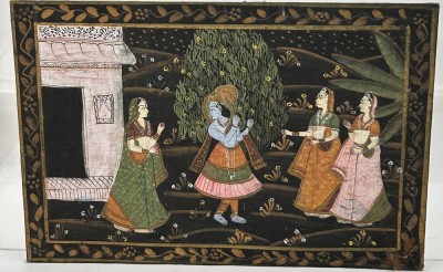 Auktion 361<br>trad. indisches  Seiden- Gemälde auf Pappe gezogen, älter, eine Ecke beschädigt, 35x52 cm [1]
