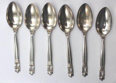 Auktion 362<br>6x Speiselöffel, Georg Jensen, Acorn, Silber, 278,2gr., L-17,5cm [1]