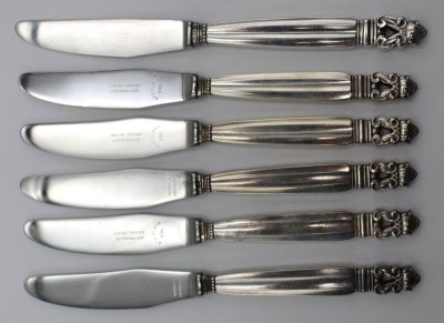 Auktion 364<br>6x Speisemesser, Georg Jensen, Acorn, Silbergriffe, L-22cm [1]