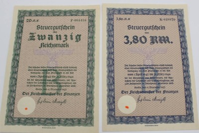 Auktion 362<br>2x div. Steuergutscheine, 3. Reich, 1945 [1]