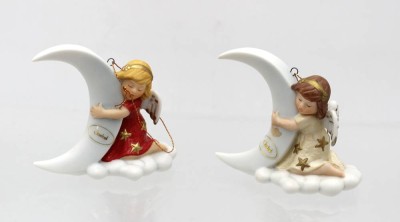 Auktion 362<br>2 Weihnachtsschmuck, Engel auf Mond sitzend, Goebel, ca. H-7cm [1]