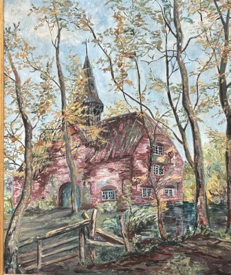 Auktion 362<br>anonymer Dömänenhof oder ähnliches? Öl/Platte, gerahmt, RG 61x53 cm [1]