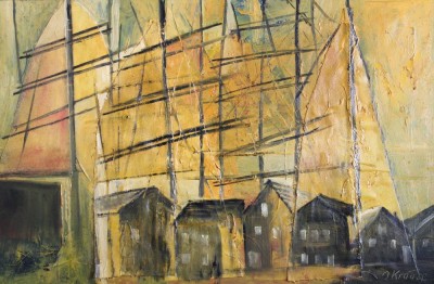 Auktion 362<br>Collage/Mischtechnik, J.Krause, Hafen von Bristol, Leinwand, gerahmt,. RG 43,5 x 63,5cm [1]