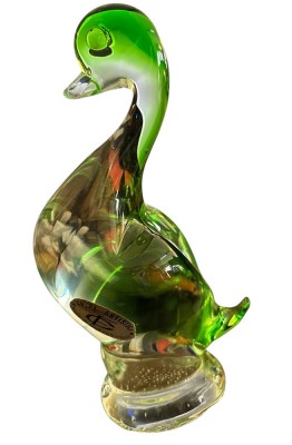 Auktion 362<br>Murano Ente, grün/klar, orig. Etikett, H-16 cm [1]