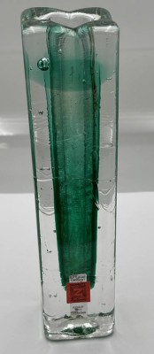 Auktion 362<br>grün-klare Solifleur Blockvase von Zwiesel, H-20 cm, 4x4  cm, orig. Etikett [1]