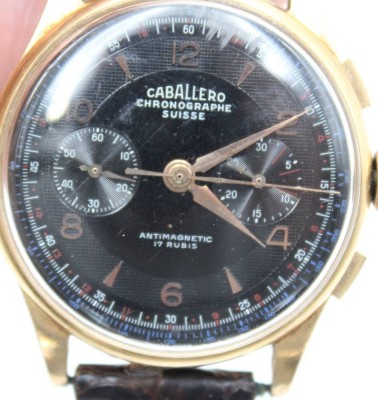 Auktion 362<br>Caballero Chronographe, 750/000 GG, Handaufzug, Werk läuft an (10-15sec.) wohl reinigungsbedürftig Lederband defekt, D-3,5cm [1]