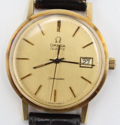 Auktion 362<br>Vintage Herren-Armbanduhr, OMEGA Quartz, Goldgehäuse 14 ct, Werk nicht geprüft,Zeiger nicht einstellbar, orig. Lederband, D-3,5cm [1]