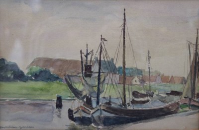 Auktion 365<br>Otto MÜLLER-HARTAU (1898-1969), Fischerboot, Aquarell, ger. /Glas, Rahmen beschädigt, RG 47,5 x 56,5cm [1]