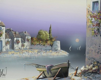 Auktion 366<br>unlerserl. signiert, südl. Stadt im Mondschein, Öl/Leinwand, gerahmt, RG 49,5 x 57,5cm [1]