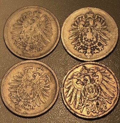 Auktion 362<br>4x 1 Mark, Deutsches Reich, 1875/76/80 1906, Silber, 21,4 gr. [1]
