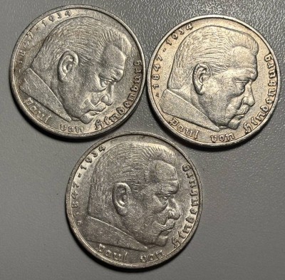 Auktion 362<br>3x5 Mark Deutsches Reich, Hindenburg, 2x 1936, 1x 1938, 41 gr [1]