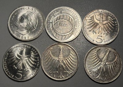 Auktion 362<br>6x 5 DM Münzen, 2x davon Kursmünzen, Nennwert 15 € [1]