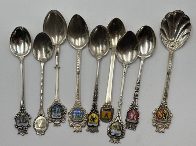 Auktion 362<br>9x div. Wappenlöffel, Silber-800-, 1x fehlt emailliertes Wappen, zus. 86 gr [1]