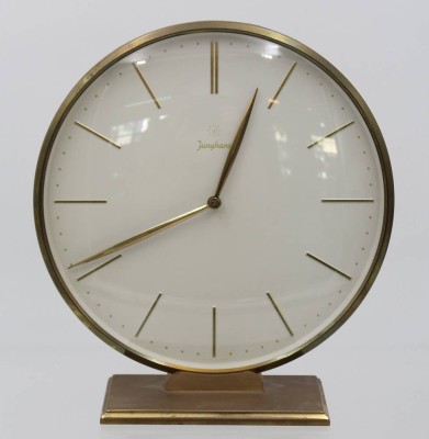 Auktion 362<br>Tischuhr in Messinggehäuse, Junghans Meister, Werk läuft, ca. H-21cm D-19,5cm [1]