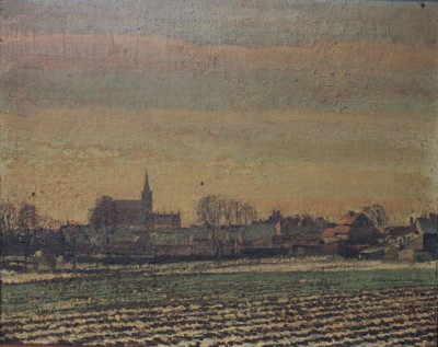 Auktion <br>Otto MARQUARDSEN (1887-1946), Dorfansicht, älter, Öl/Holz, reinigungsbedürftig, RG 37 x 45cm [1]