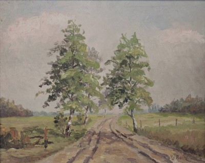Auktion 362<br>Bartz o.ä., Feldweg mit Birken, Öl/Hartfaser, gerahmt, RG 54,5 x 64,5cm [1]