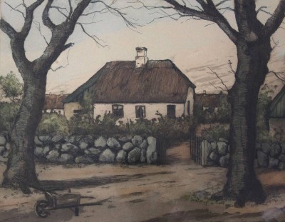 Auktion 362<br>K.Helsing, Bauernkate, Farbradierung, ger./Glas, RG 56 x 3,5cm [1]