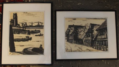 Auktion 362<br>R.Wisbröker, 2x wohl Kohelzeichnungen, Hafen und Dorfansicht, je gerahmt/Glas, RG 41 x 51cm [1]