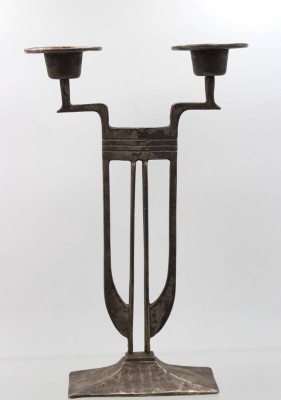 Auktion 362<br>Jugendstil-Leuchter, 2flammig, wohl Messing versilbert?, ca. H-35cm B-21cm [1]