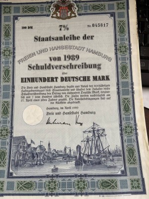 Auktion 362<br>Freie und Hansestadt Hamburg, 7 % Schuldverschreibung Nr. 45817 über 100 Deutsche Mark, Hamburg, 27. April 1989, Druck: Giesecke & Devrient, München, Druckfrisch ohne Beschädigungen oder Knicke [1]