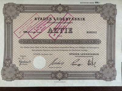 Auktion 362<br>Stader Lederfabrik AG 100DM Stade 1950, Talon und Erneuerungsschein anbei [1]