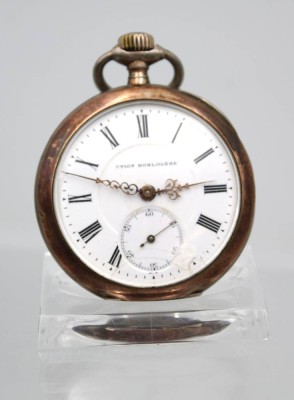 Auktion 363<br>Herrentaschenuhr, 800er Silbergehäuse, Union Hologéré, Kronenaufzug, Werk überzogen, Rückendeckel lose, Ziffernblatt altrissig, D-4,8cm [1]