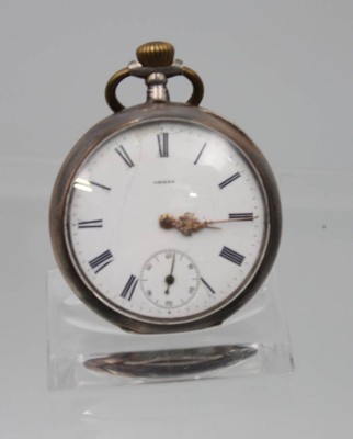Auktion 363<br>Herrentaschenuhr, 800er Silbergehäuse, Omega, Kronenaufzug, Werk läuft, Rückendeckel fehlt, D-4,7cm [1]