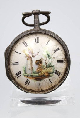 Auktion 363<br>antike Spindeluhr, wohl Frankreich, bemaltes Ziffernblatt, Silbergehäuse, Werk steht, Altersspuren, ca. D-5cm [1]