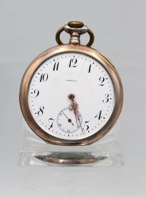 Auktion 363<br>Herrentaschenuhr, OMEGA, 800er Silbergehäuse, Kronenaufzug, Werk läuft an, Glas fehlt, D-4,9cm [1]