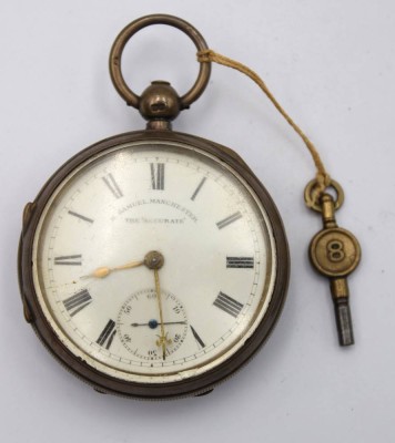 Auktion 363<br>engl. Spindeluhr, H. Samuel Manchester, um 1810, Silbergehäuse, Werk läuft, D-5,2cm [1]